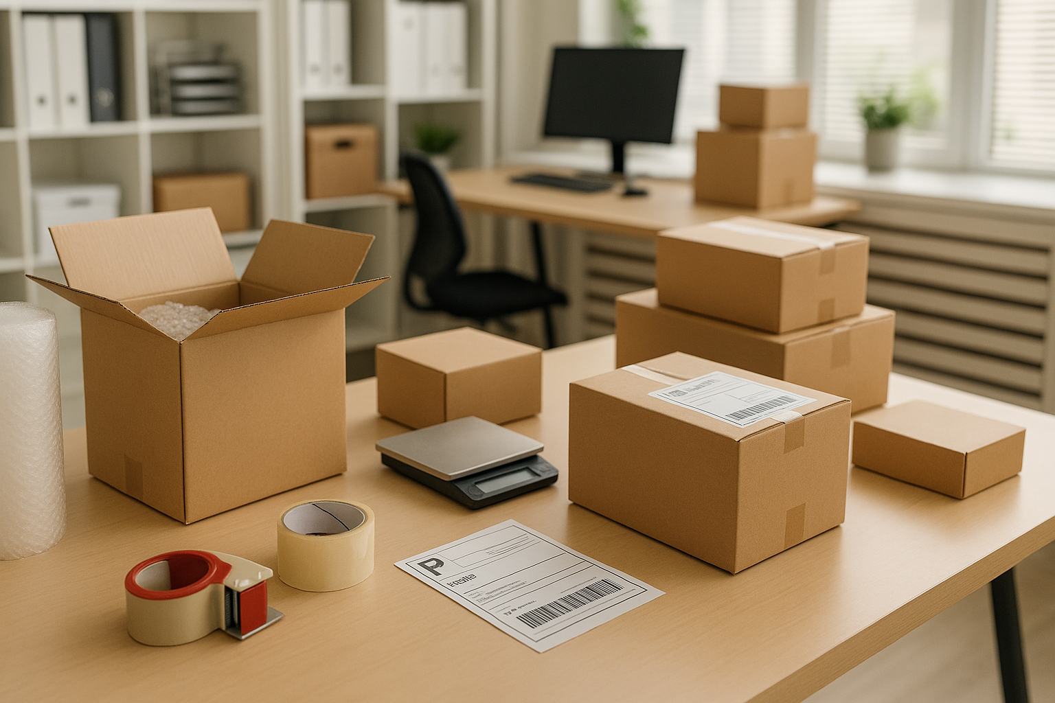small shipping boxes in an office setting being prepared to ship out